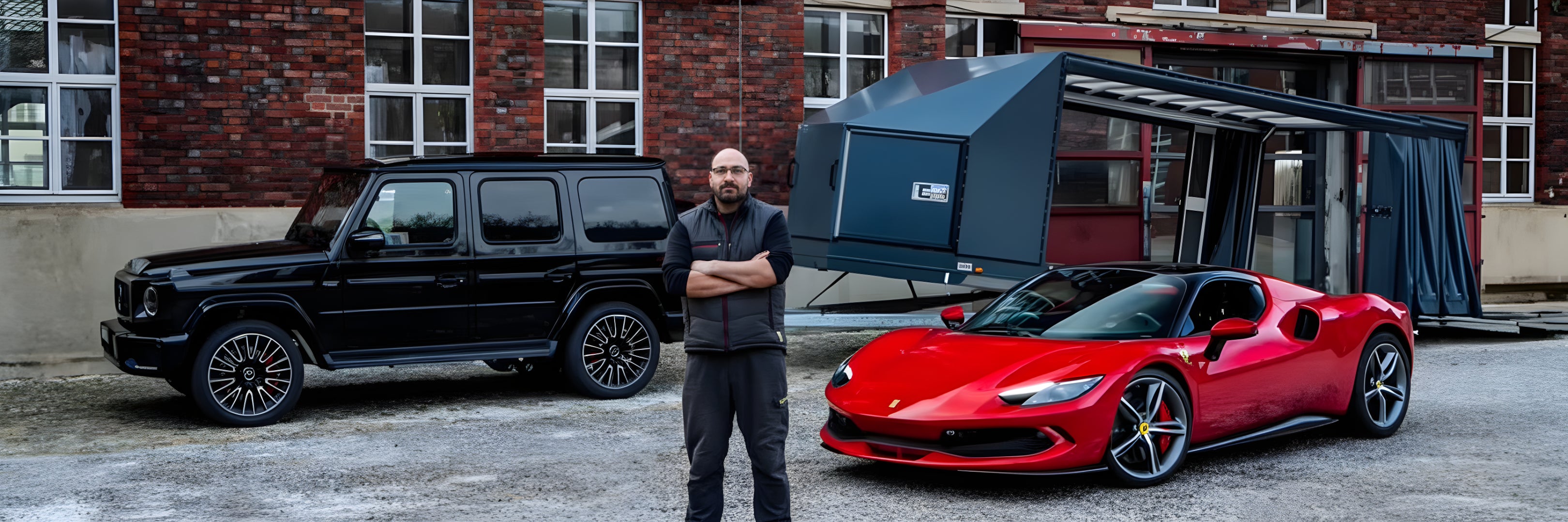 Geschlossener Trailer mit Ferrari und G-Klasse